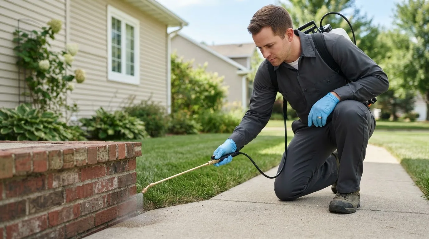 Pest control technician treating a home near Indianapolis, IN